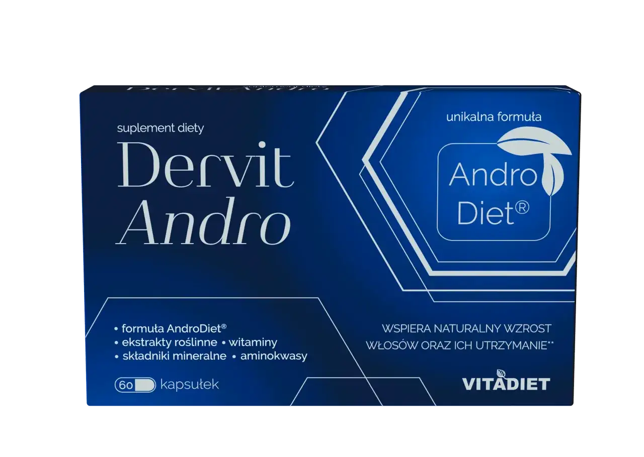 Dervit Andro - suplement diety z formułą AndroDiet&reg;, ekstraktami roślinnymi, witaminami i minerałami. Odpowiedź na pytanie: jakie witaminy na wypadanie włos&oacute;w.