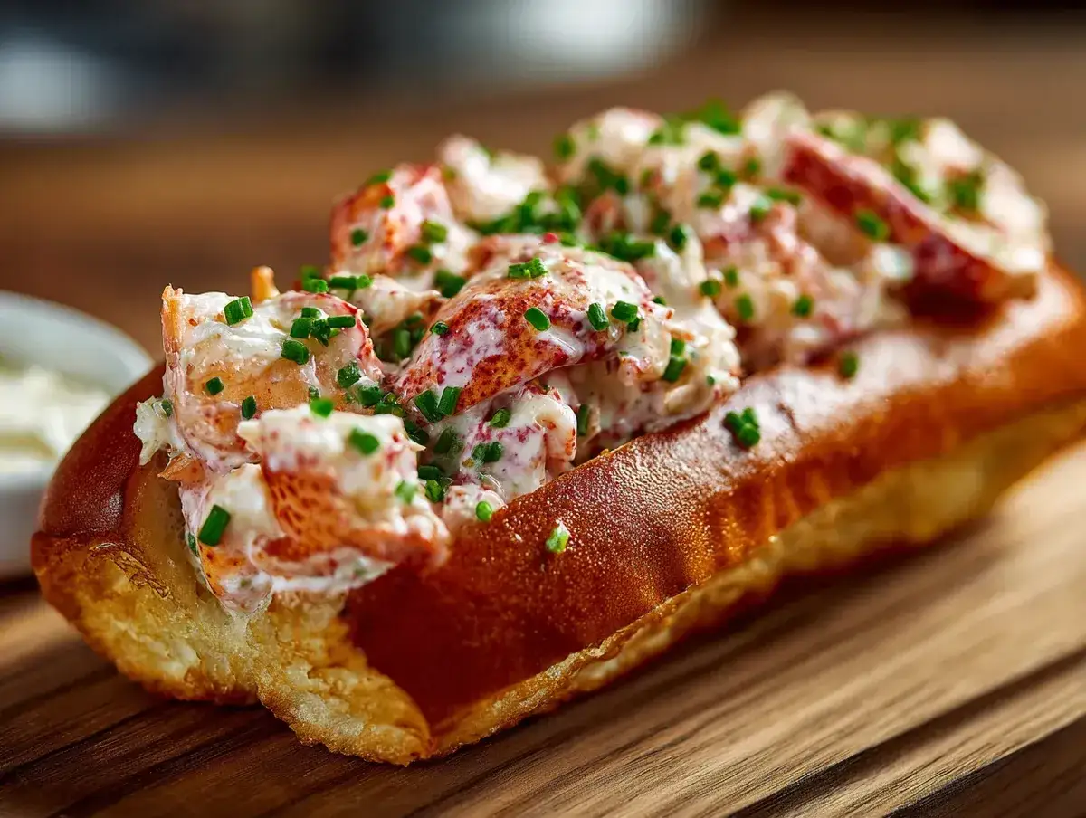 En saftig lobster roll fylld med hummerkött och toppad med gräslök, serverad i ett gyllene bröd.