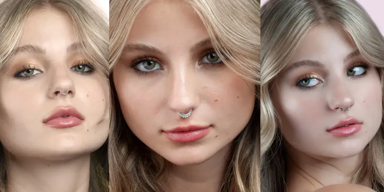Trzy zbliżenia na twarz młodej kobiety z różnymi ozdobami w nosie. Czy to septum? Tak, to septum, kolczyk w przegrodzie nosowej.