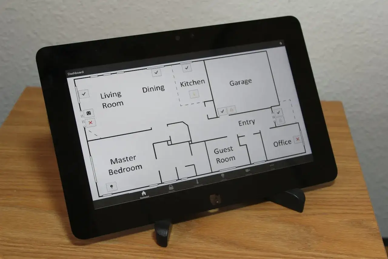 Tablette affichant un plan de maison avec des pièces nommées (salon, cuisine, garage, bureau). Une application domotique gratuite pour gérer votre foyer.