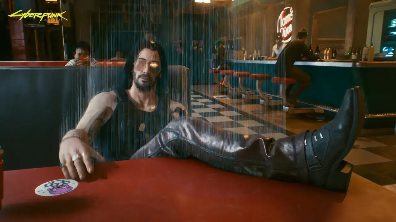 Un hombre con gafas de sol y botas de cuero, sentado en un bar. Una reliquia familiar cyberpunk, quizás un recuerdo de tiempos pasados.