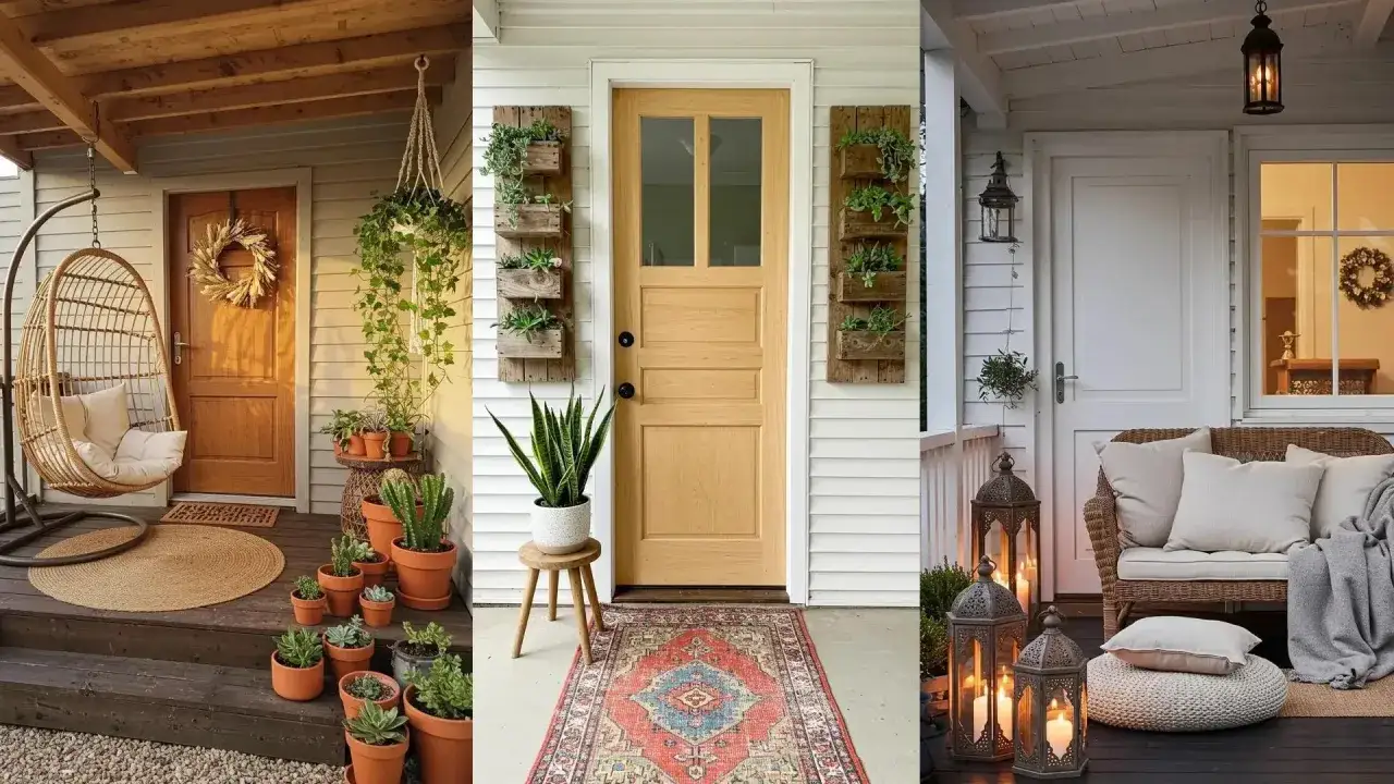 Un porche pequeño entrada casa con silla colgante, plantas en macetas y alfombra acogedora.