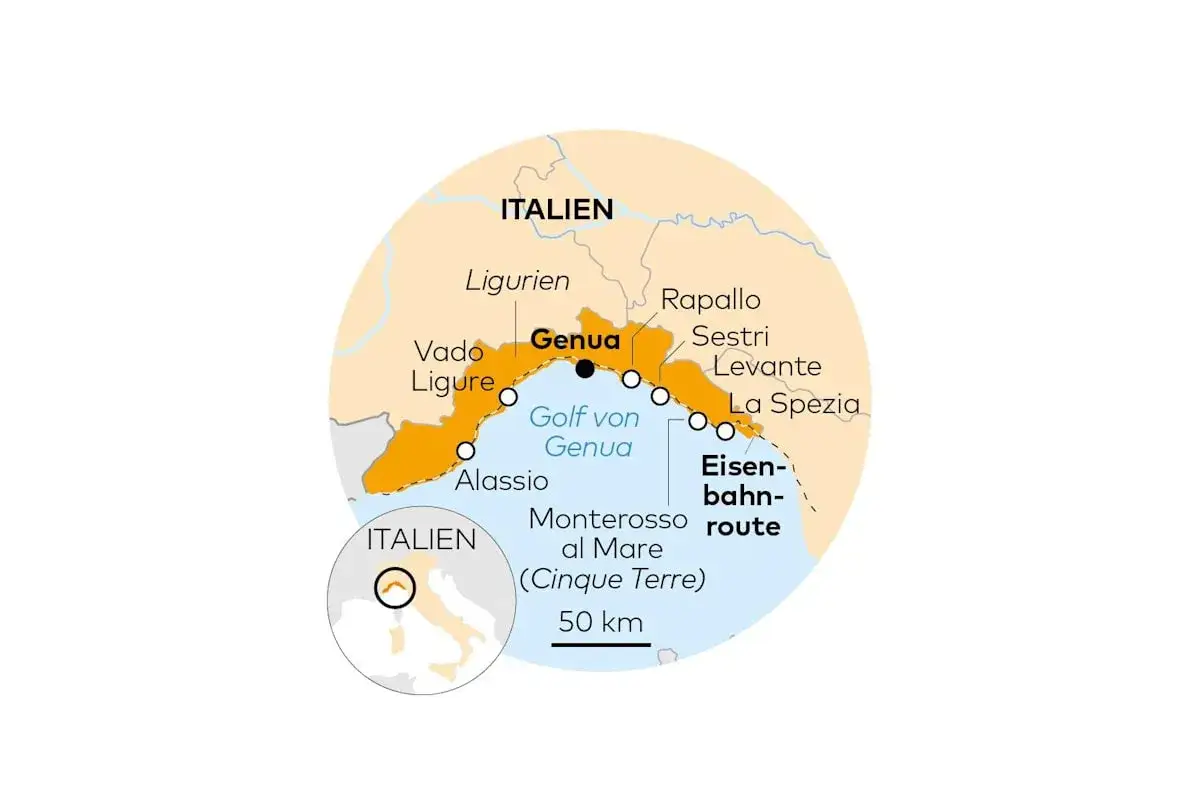 Karte der Eisenbahnroute von Genua entlang der ligurischen Küste bis La Spezia, mit Orten wie Monterosso al Mare (Cinque Terre) am Meer in Italien.