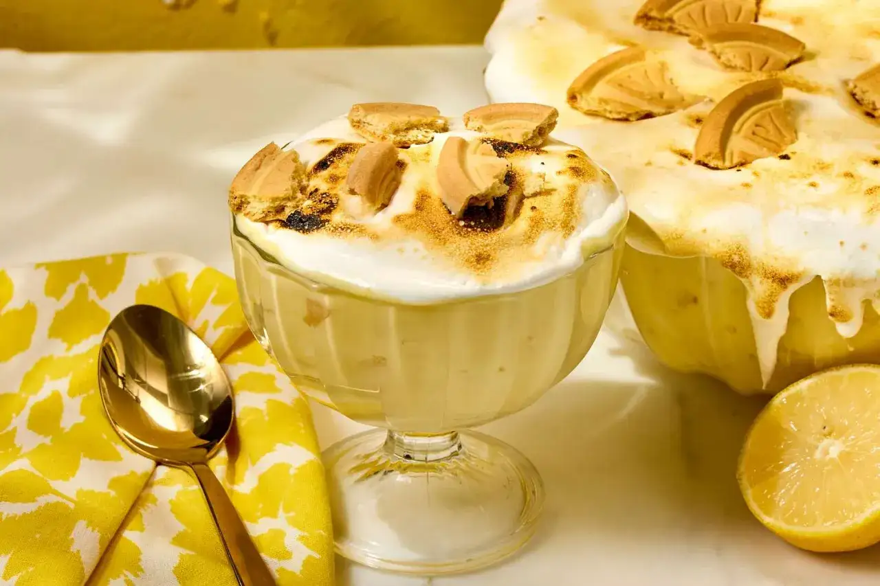 D&eacute;licieuse mousse au citron, une recette pour faire tenir une mousse sans g&eacute;latine, garnie de meringue grill&eacute;e et de biscuits.
