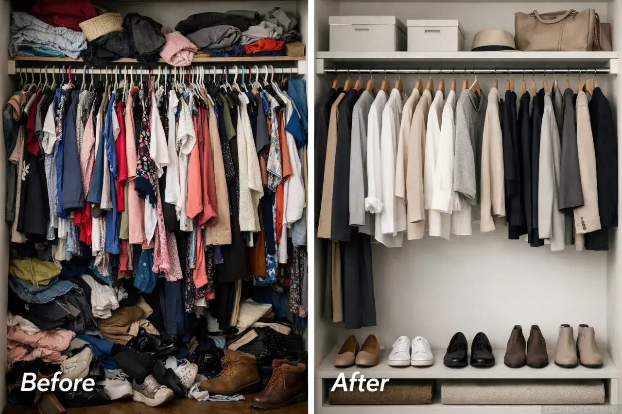 Före och efter en garderob som genomgått en total glow up. Från kaos till ordning med snyggt upphängda kläder och organiserade skor.