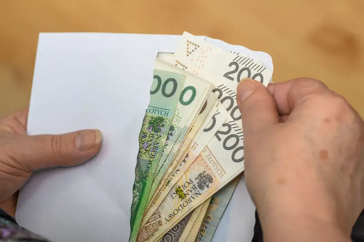Dłonie wyciągają z koperty polskie banknoty. To może być pomoc z ZUS, np. renta rodzinna po mężu.