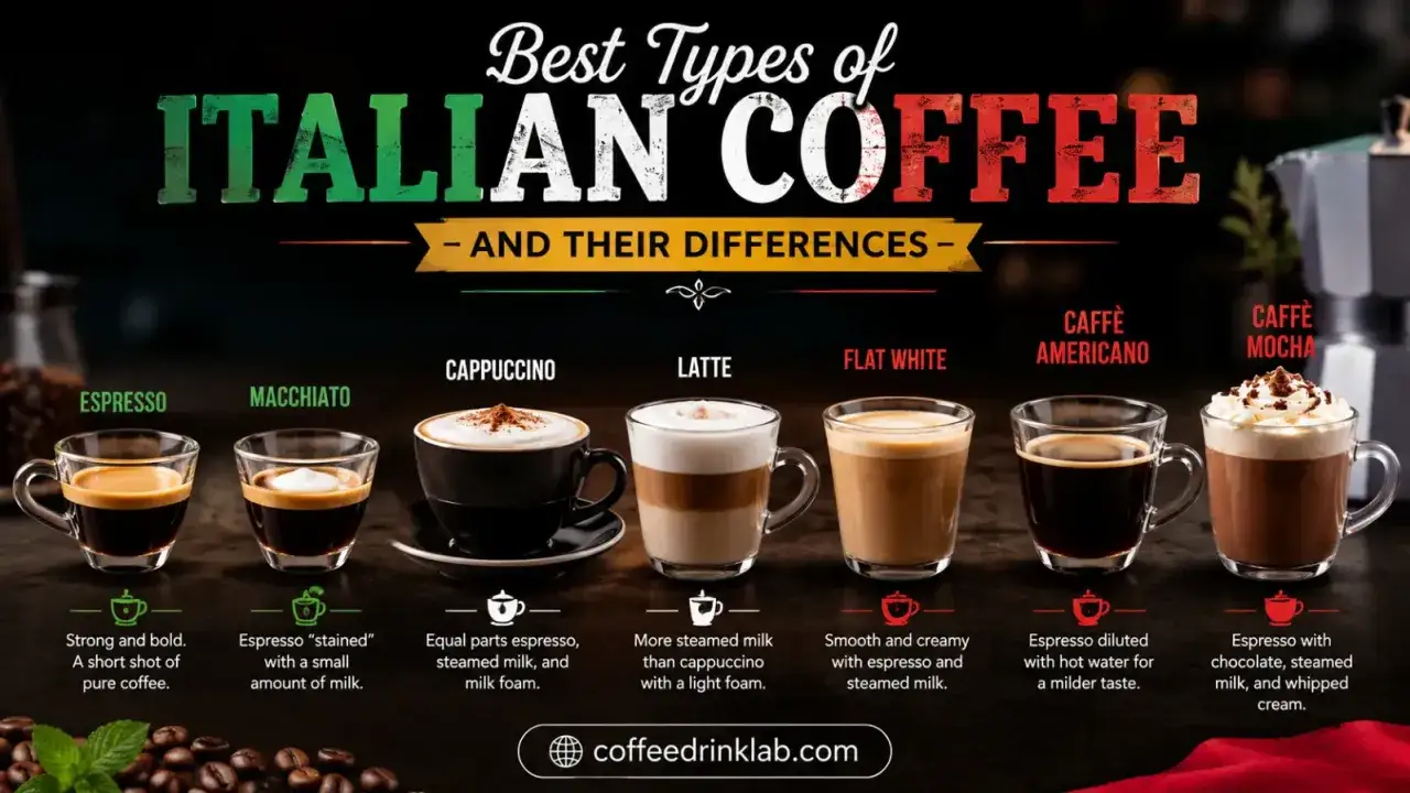 En illustration som visar olika italienska kaffesorter: espresso, macchiato, cappuccino, latte, flat white, caffè americano och caffè mocha.