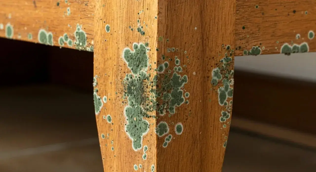 Moisissure verte et blanche envahit le bois d'un meuble, signe d'humidit&eacute; et de n&eacute;gligence.