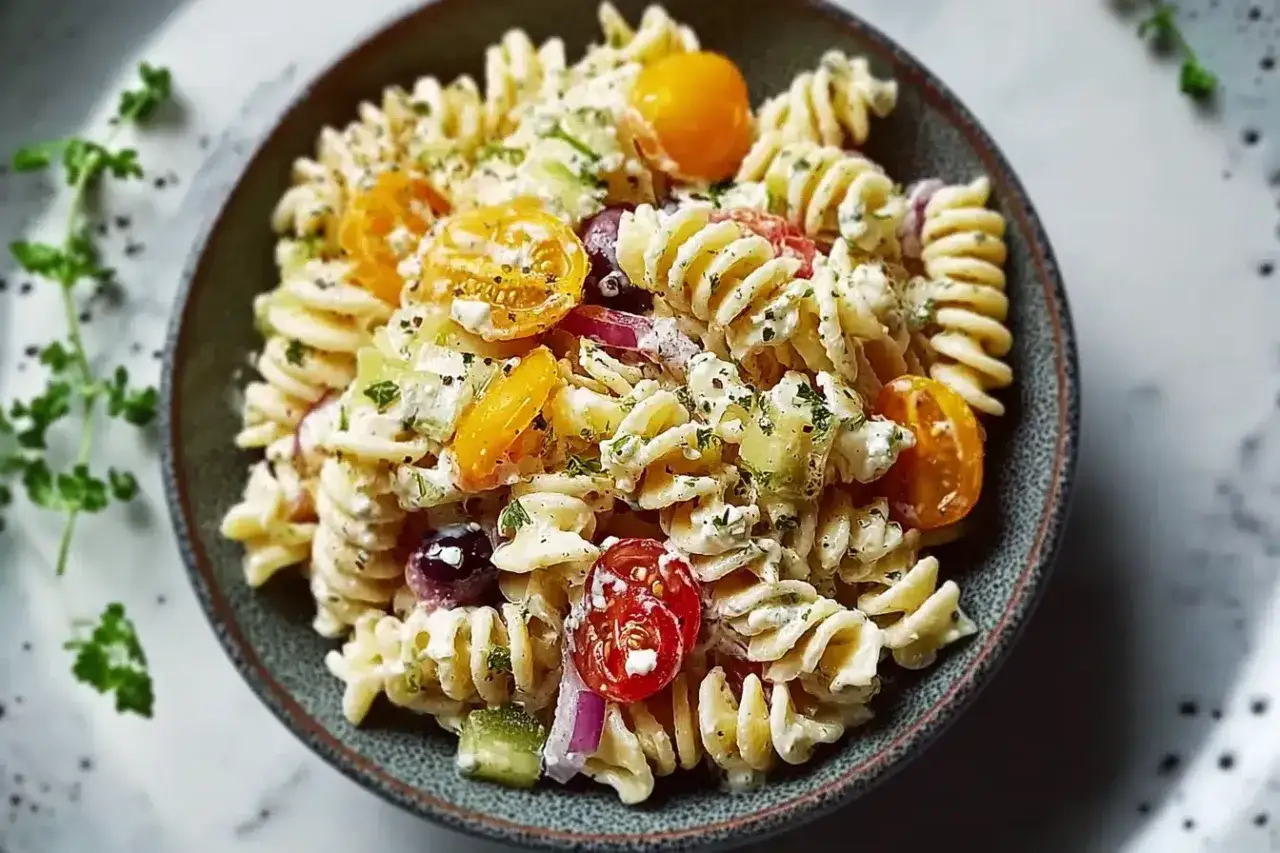 Ein k&ouml;stlicher Nudelsalat mit Fusilli, Kirschtomaten, Gurken, roten Zwiebeln und Oliven, verfeinert mit einem cremigen nudelsalat dressing.