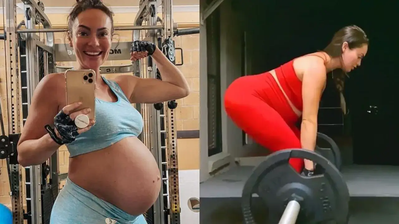 Aktywna mama w ciąży ćwiczy z ciężarami. Pokazuje siłę i determinację, udowadniając, że dźwiganie w ciąży jest możliwe.