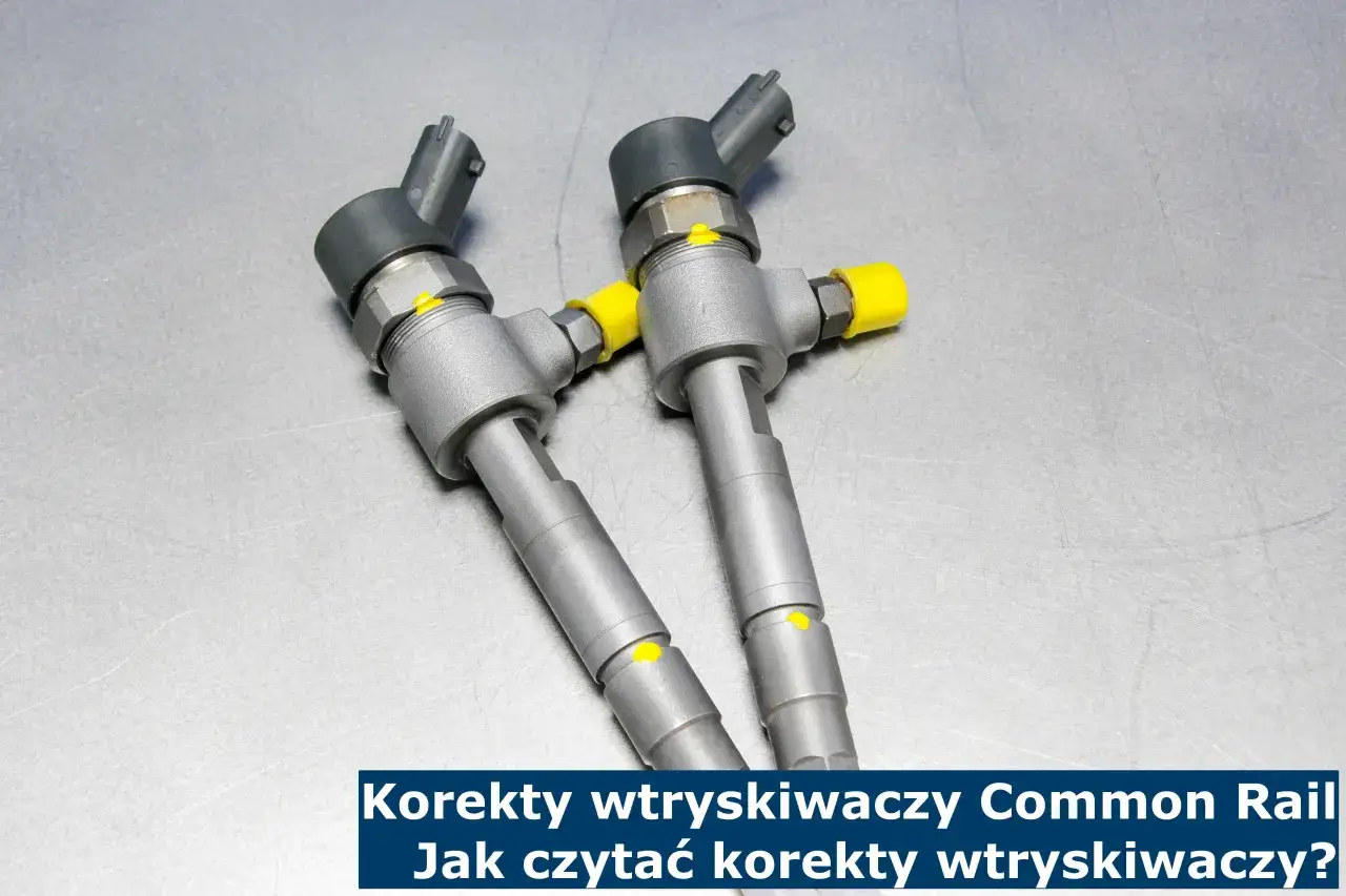 Dwa wtryskiwacze Common Rail na metalowym blacie. Tekst: