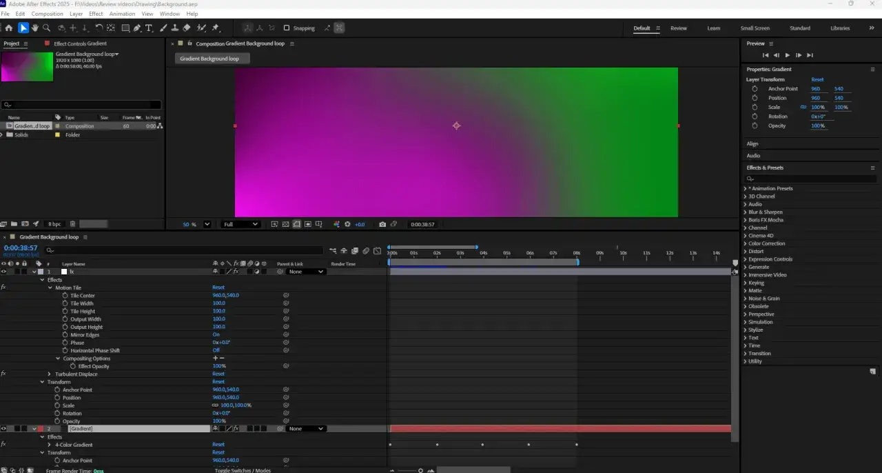 After Effects keeps crashing. The screen shows the Adobe After Effects interface with a gradient background composition open.