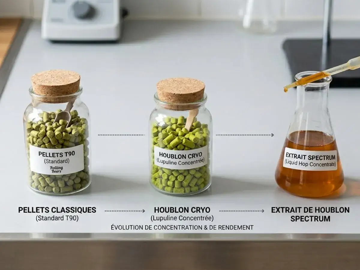 Vergleich von Hopfenpellets und konzentriertem Hopfenextrakt. Der Unterschied zwischen Hopfen und Hopfenextrakt wird durch die Entwicklung von Konzentration und Ertrag verdeutlicht.