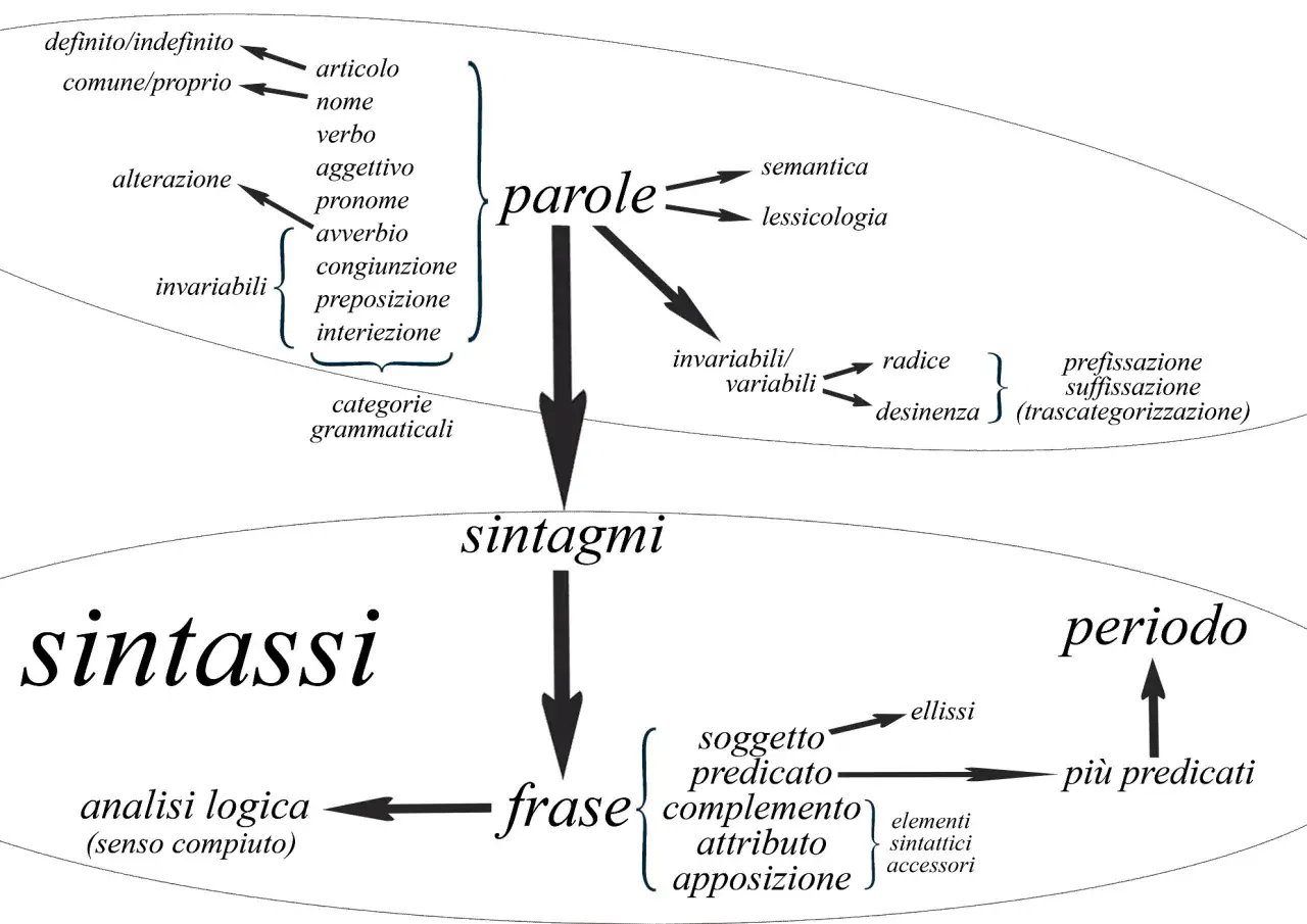 Schema che illustra i quantificatori e la loro spiegazione, dalle parole ai sintagmi, fino alla frase e al periodo.
