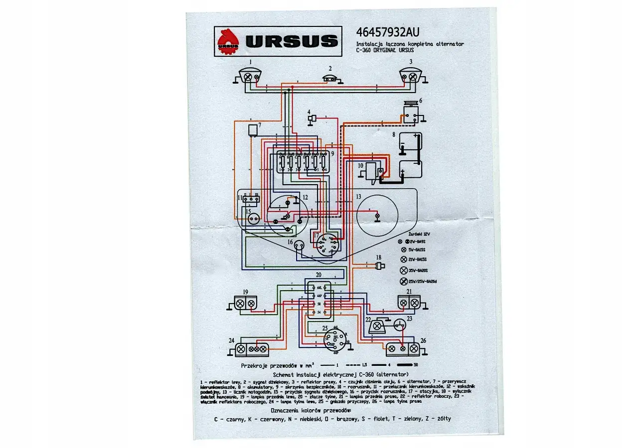 Schemat instalacji elektrycznej Ursus C-360 z alternatorem. Pokazuje jak podłączyć regulator napięcia do prądnicy C 330.