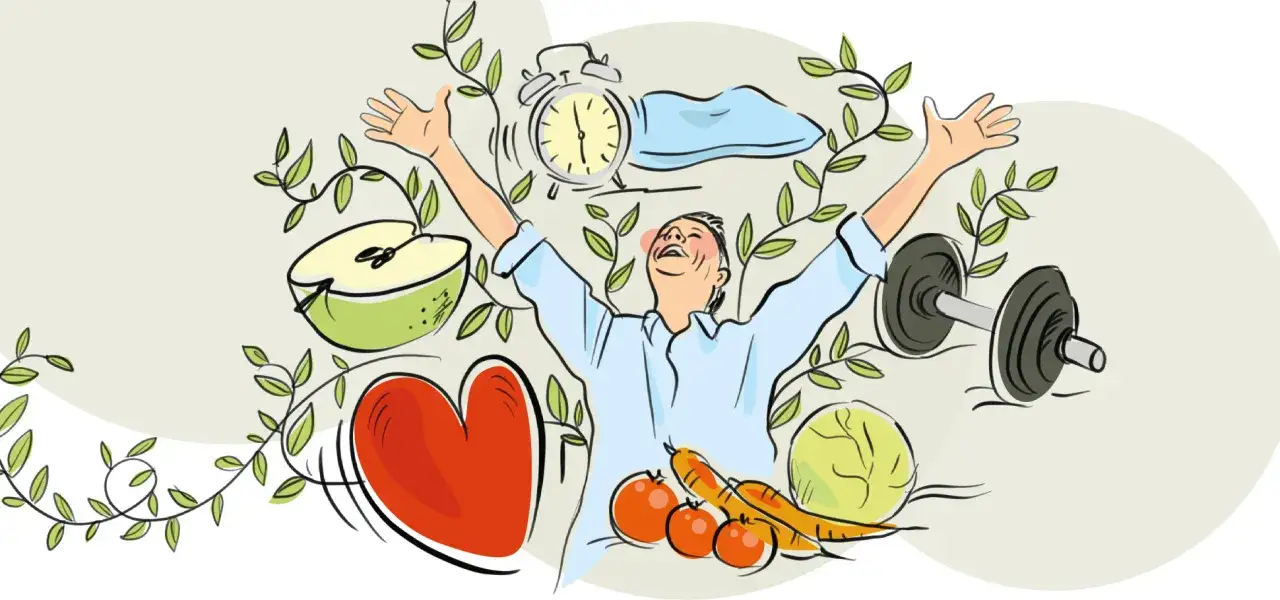 En person med armarna uppsträckta omgiven av hälsosamma symboler: äpple, hjärta, grönsaker, vikt och en väckarklocka. En snus om dagen kan vara en del av en hälsosam livsstil.