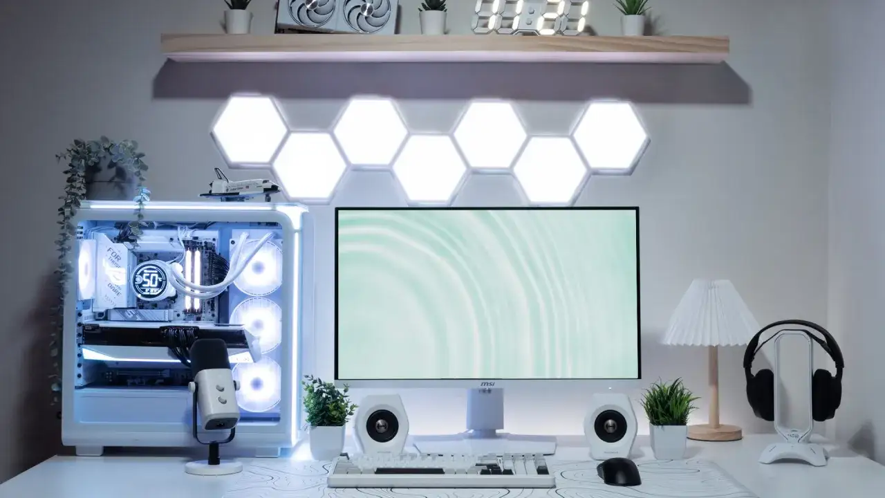 Biały zestaw komputerowy z podświetleniem LED, idealny do gier offline. Na biurku monitor, klawiatura, myszka, słuchawki i lampka.