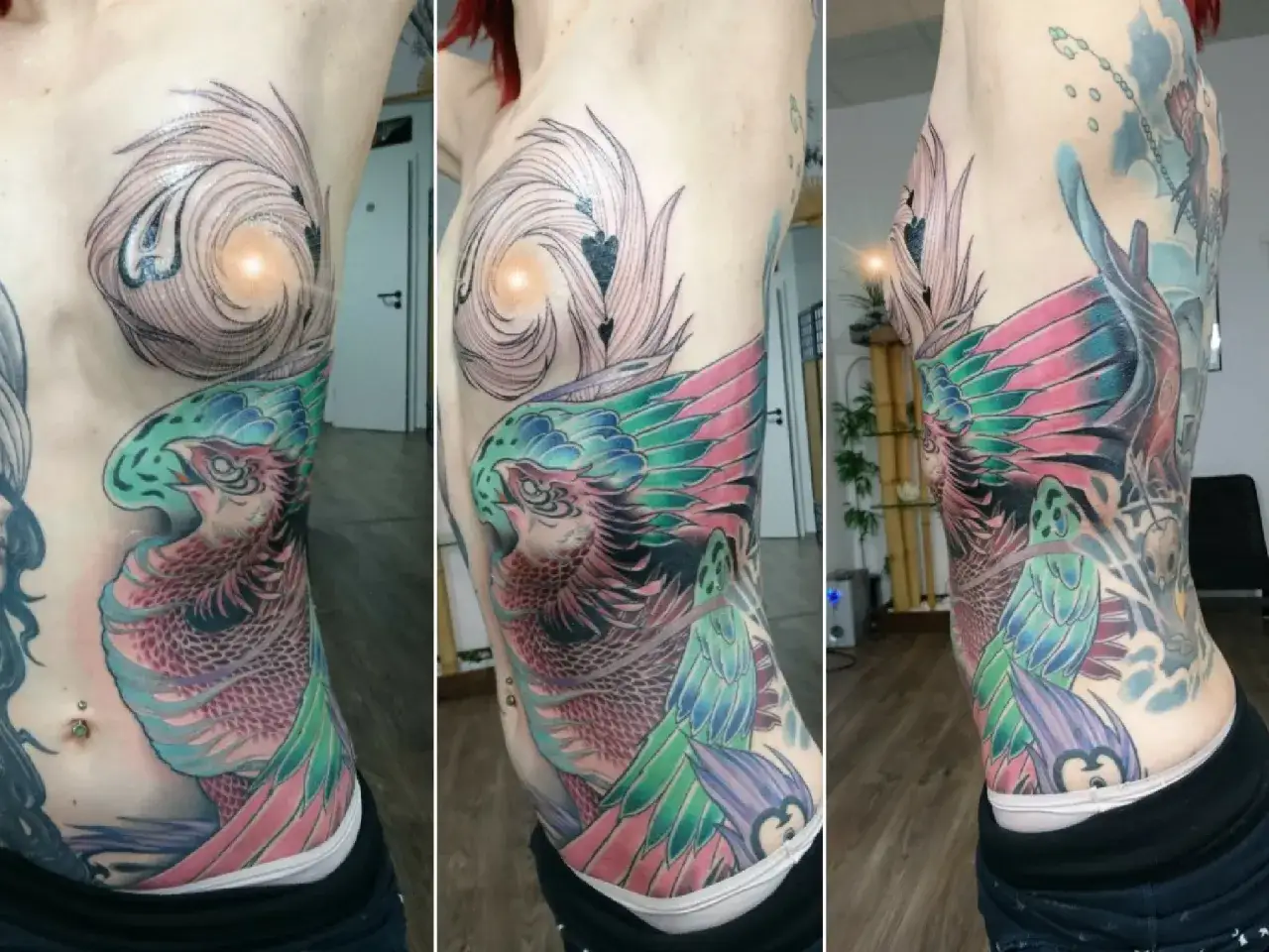 Ein farbenpr&auml;chtiges intim tattoo eines Ph&ouml;nix erstreckt sich &uuml;ber die Seite.