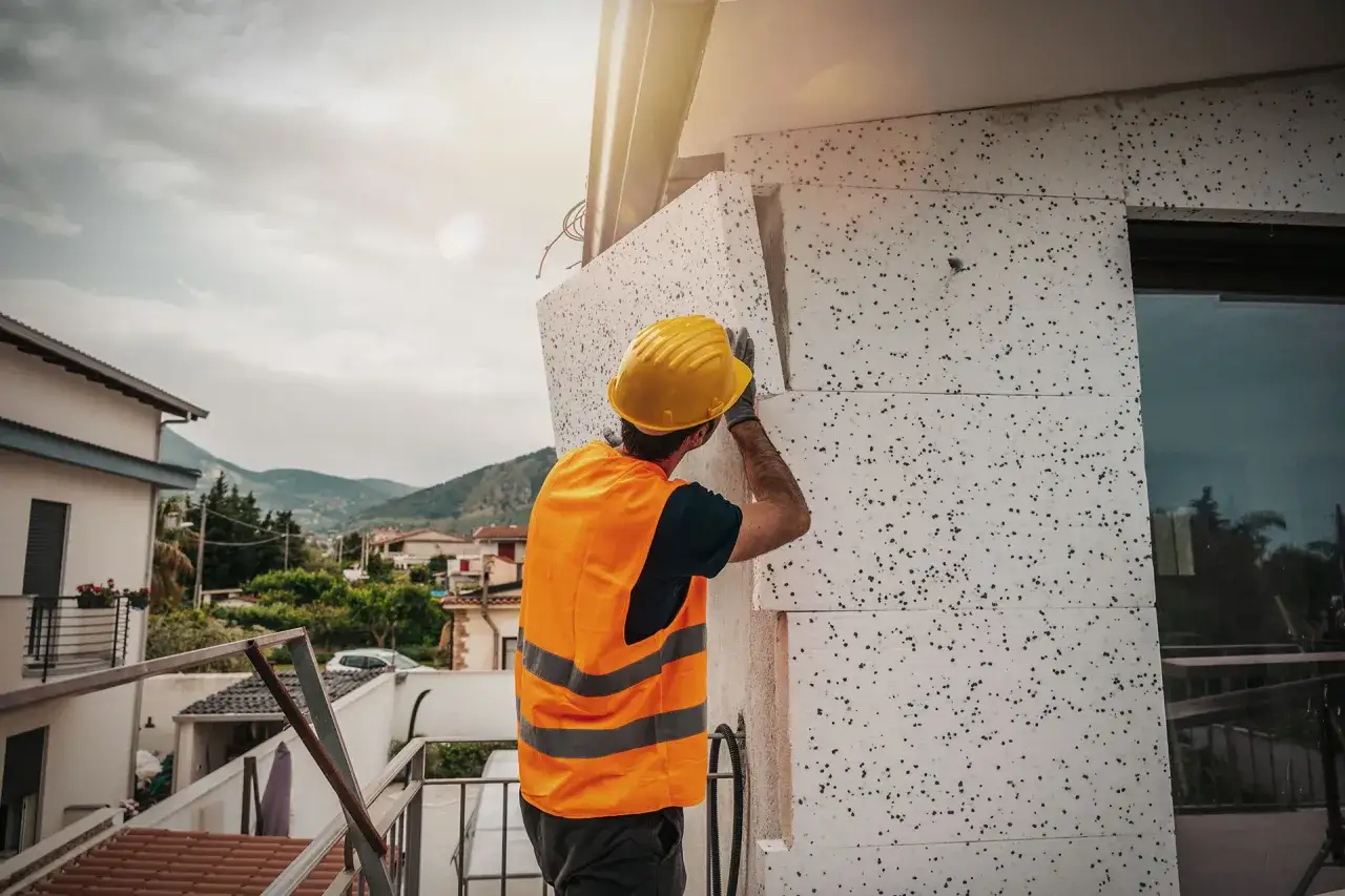 Operaio con casco giallo applica pannelli isolanti. L'installazione del cappotto termico svantaggi potrebbe includere costi e tempi, ma l'efficienza energetica è un vantaggio.