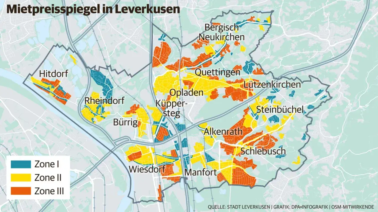 Mietpreisspiegel Leverkusen: Karte zeigt Zonen I (blau), II (gelb) und III (orange) für verschiedene Stadtteile wie Hitdorf, Opladen und Schlebusch.