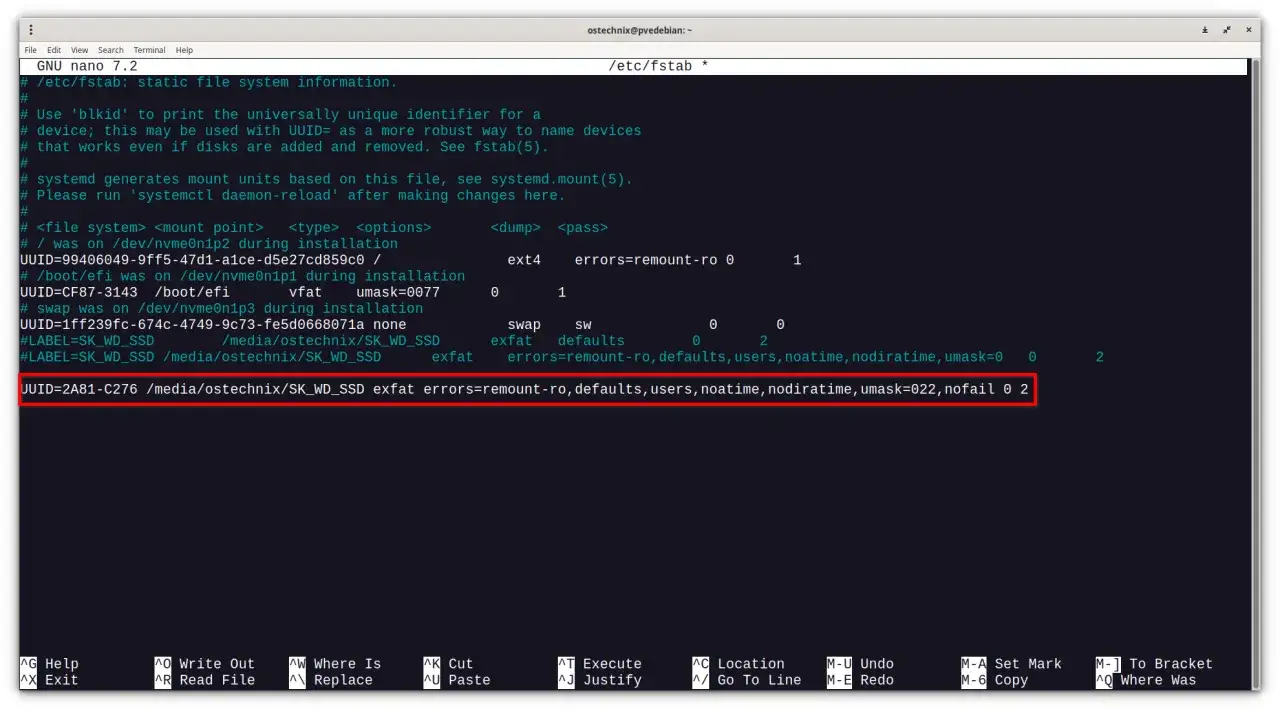 Plik /etc/fstab zawiera informacje o mapowaniu dysku, w tym UUID=2A81-C276 dla /media/ostechnix/SK_WD_SSD.