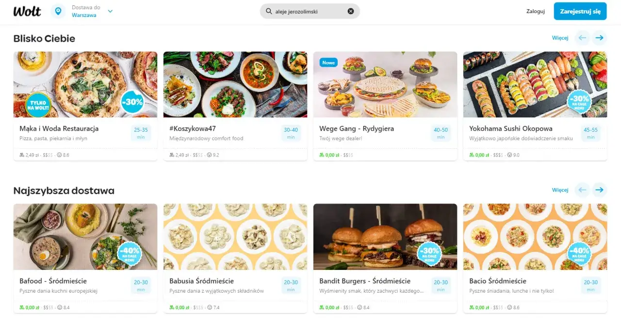 Wybieraj między Glovo a Uber Eats, przeglądając oferty restauracji takich jak Mąka i Woda, Yokohama Sushi czy Bandit Burgers.