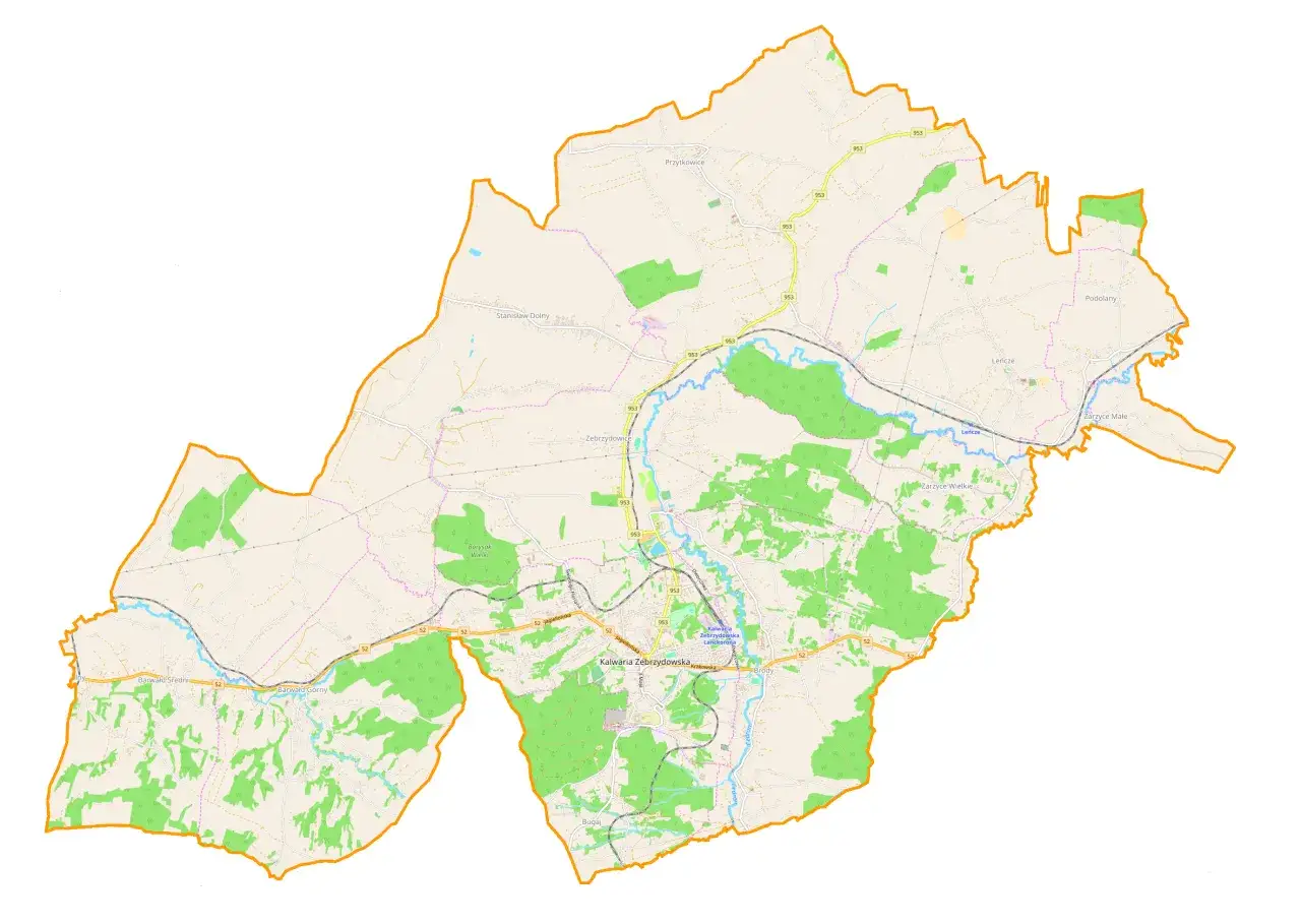 Mapa pokazuje, gdzie leży Kalwaria Zebrzydowska, z zaznaczonymi drogami, rzekami i terenami zielonymi.