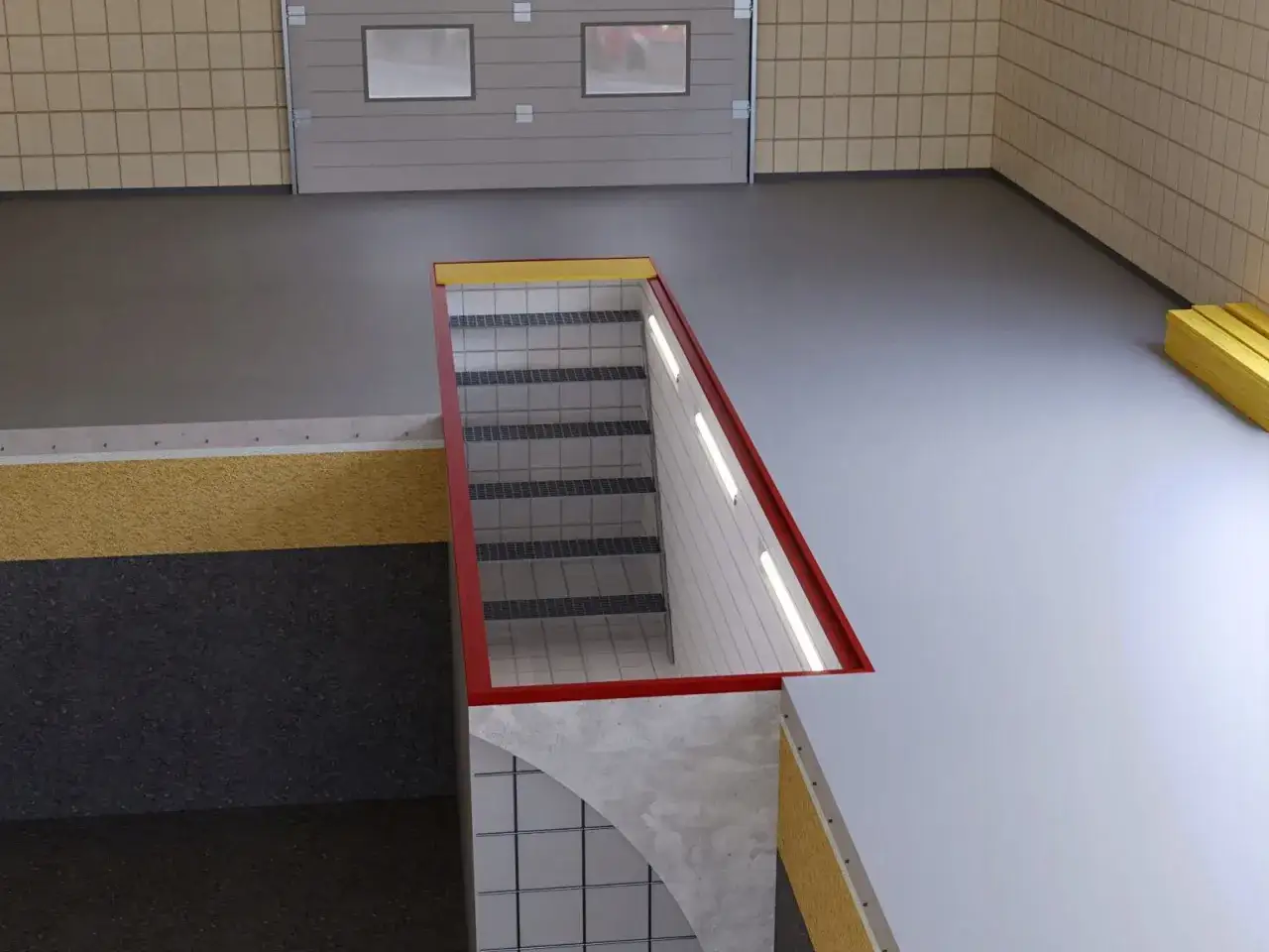 Widok przekroju kanału samochodowego z plastiku, z widocznymi schodami i oświetleniem.