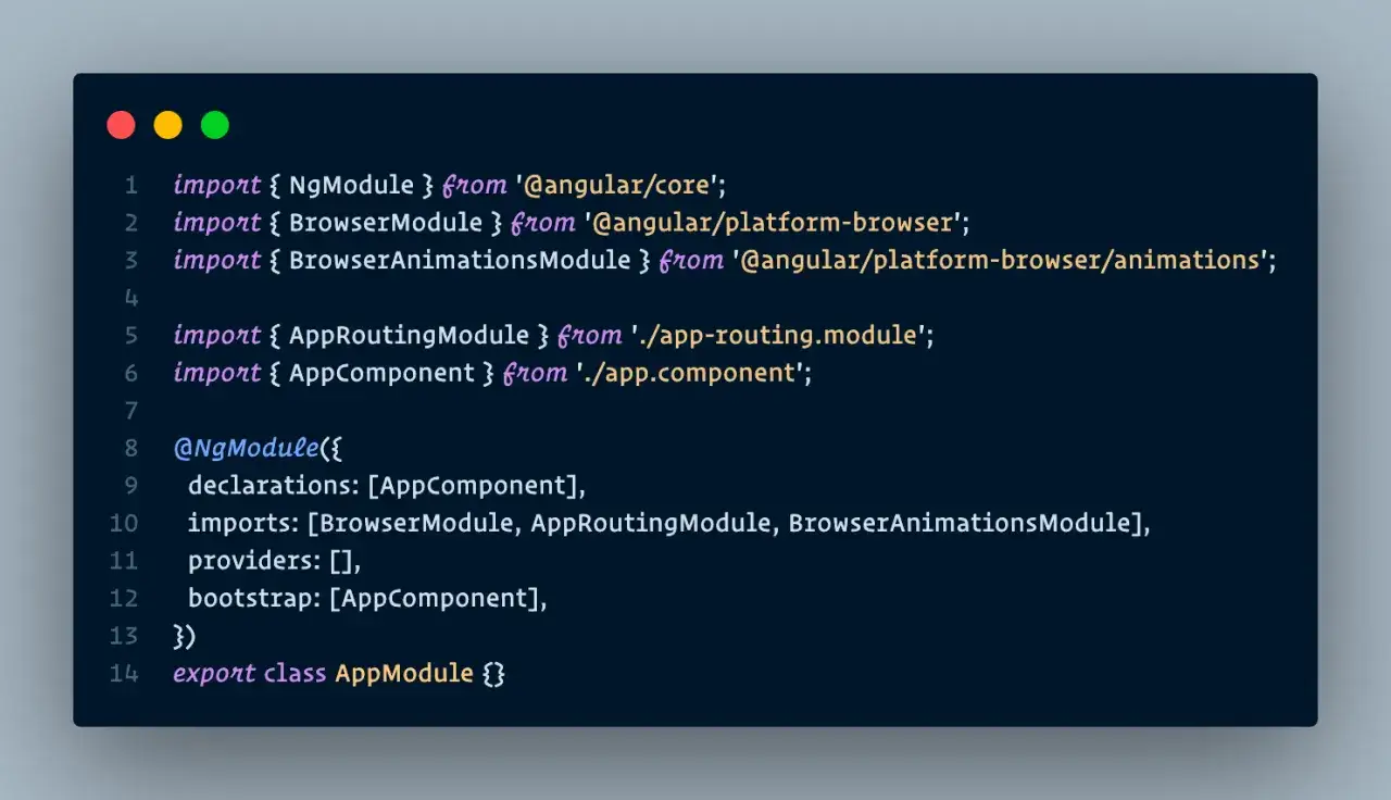 Angular-Code-Snippet, das `BrowserAnimationsModule` f&uuml;r `angular animations` importiert.
