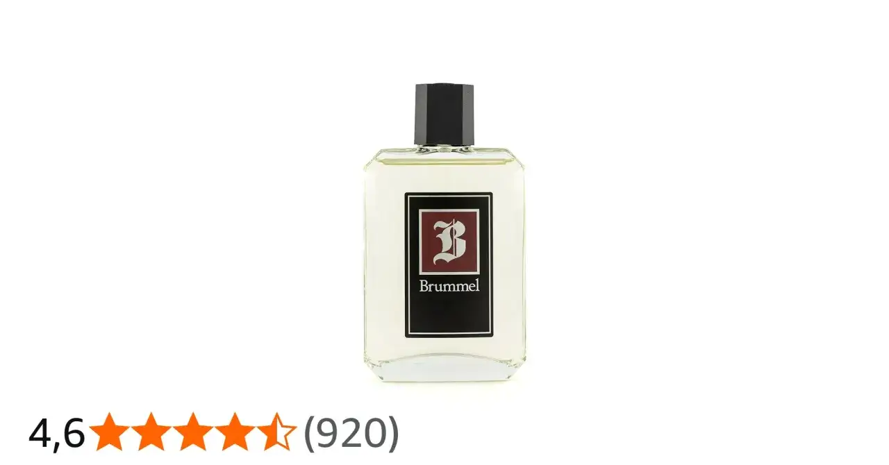 Botella de colonia Brummel con etiqueta negra y roja, y una B estilizada.