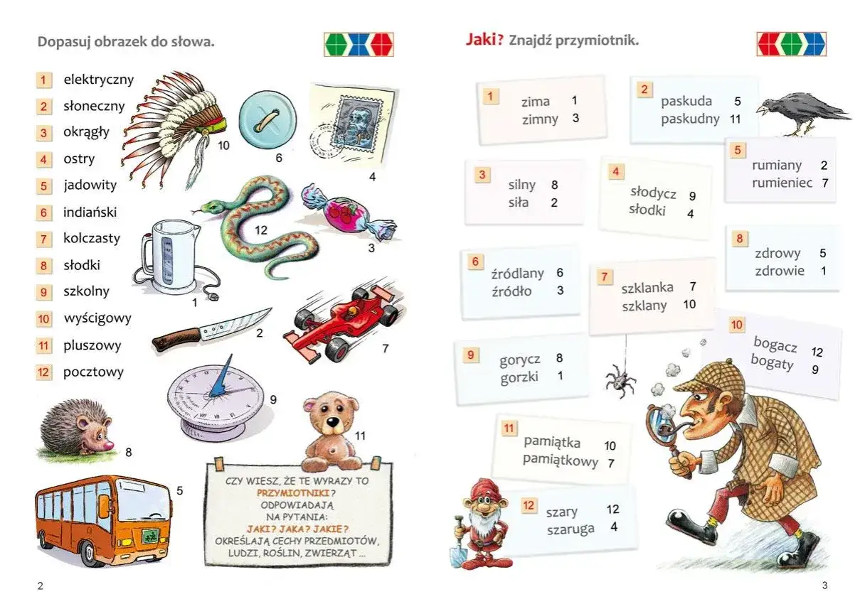 Ilustracje do ćwiczeń z edukacji alternatywnej: dopasuj obrazek do słowa i znajdź przymiotnik.