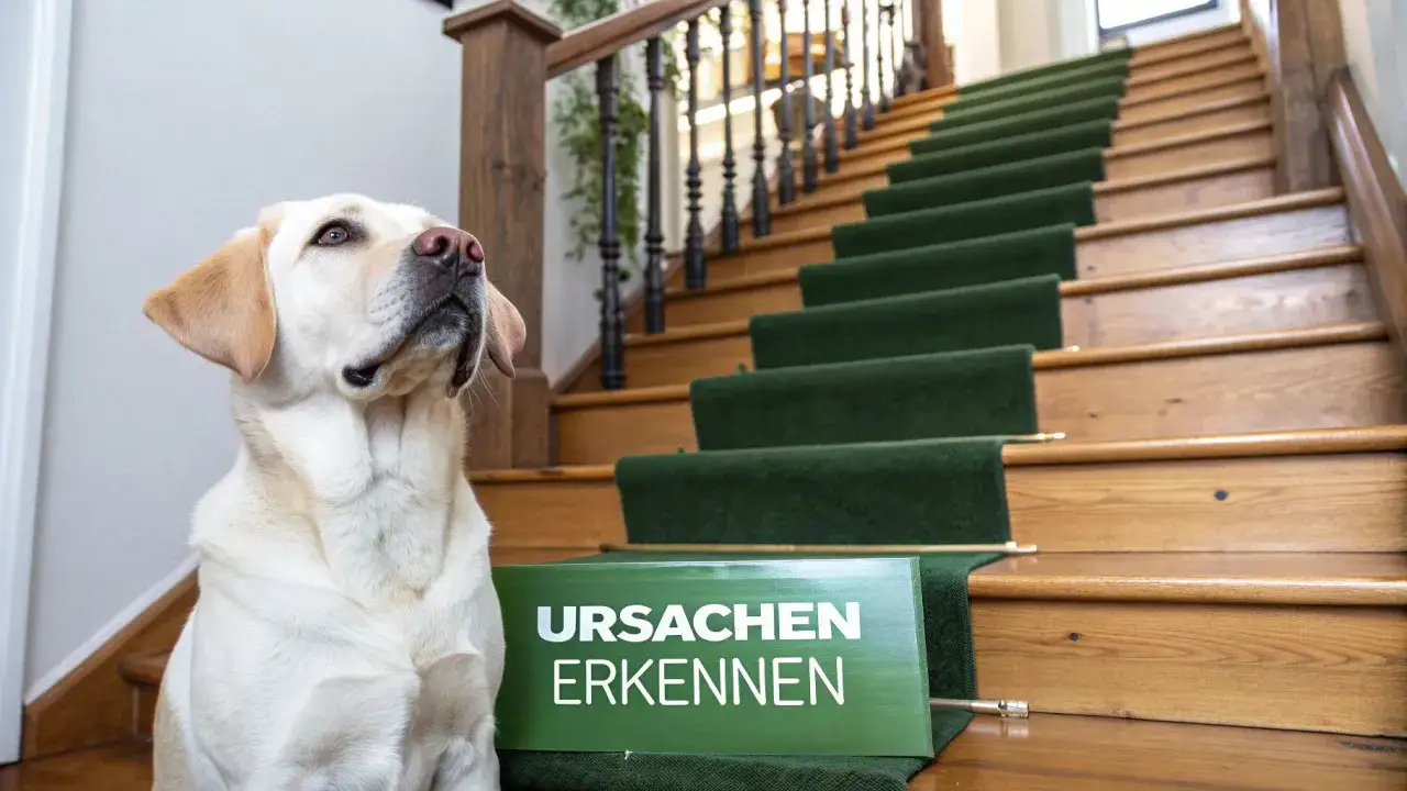 Ein Labrador sitzt vor einer Treppe mit gr&uuml;nem Teppich. Ein Schild mit der Aufschrift 