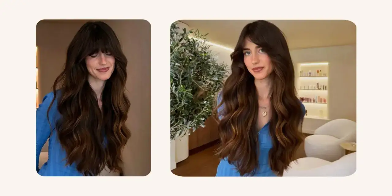 Une femme aux longs cheveux bruns ondulés, avec une frange subtile. La **clarification cheveux** met en valeur ses reflets chauds et sa brillance.
