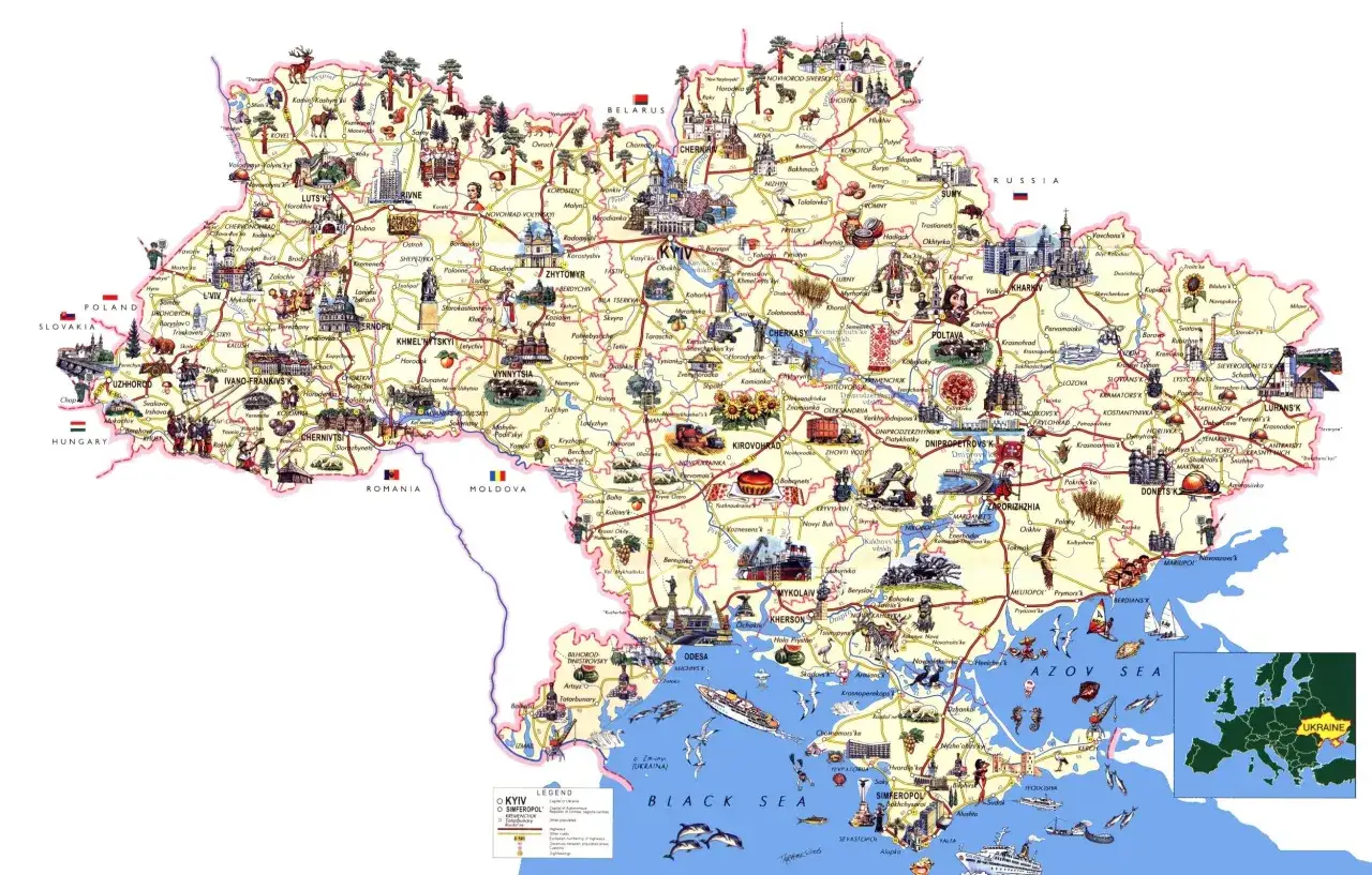 Mapa Ukrainy z zaznaczonymi miastami, granicami z Polską, Słowacją, Węgrami, Rumunią, Mołdawią, Białorusią i Rosją. Pokazuje, gdzie leży Ukraina w Europie.