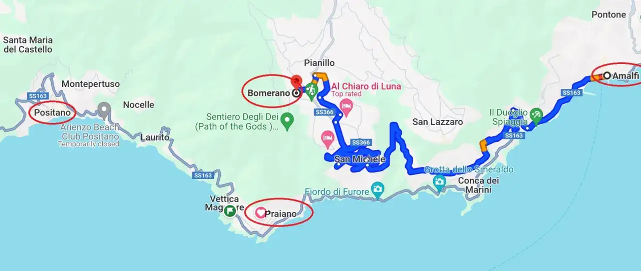 Map shows the Path of the Gods trail from Bomerano to Nocelle, connecting Positano and Amalfi.
