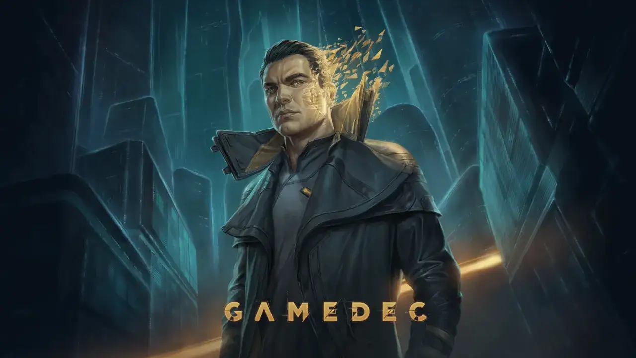 Mroczne miasto przyszłości, mężczyzna w skórzanej kurtce, którego twarz rozpada się w złote piksele. Idealne dla fanów gier podobnych do Cyberpunk.