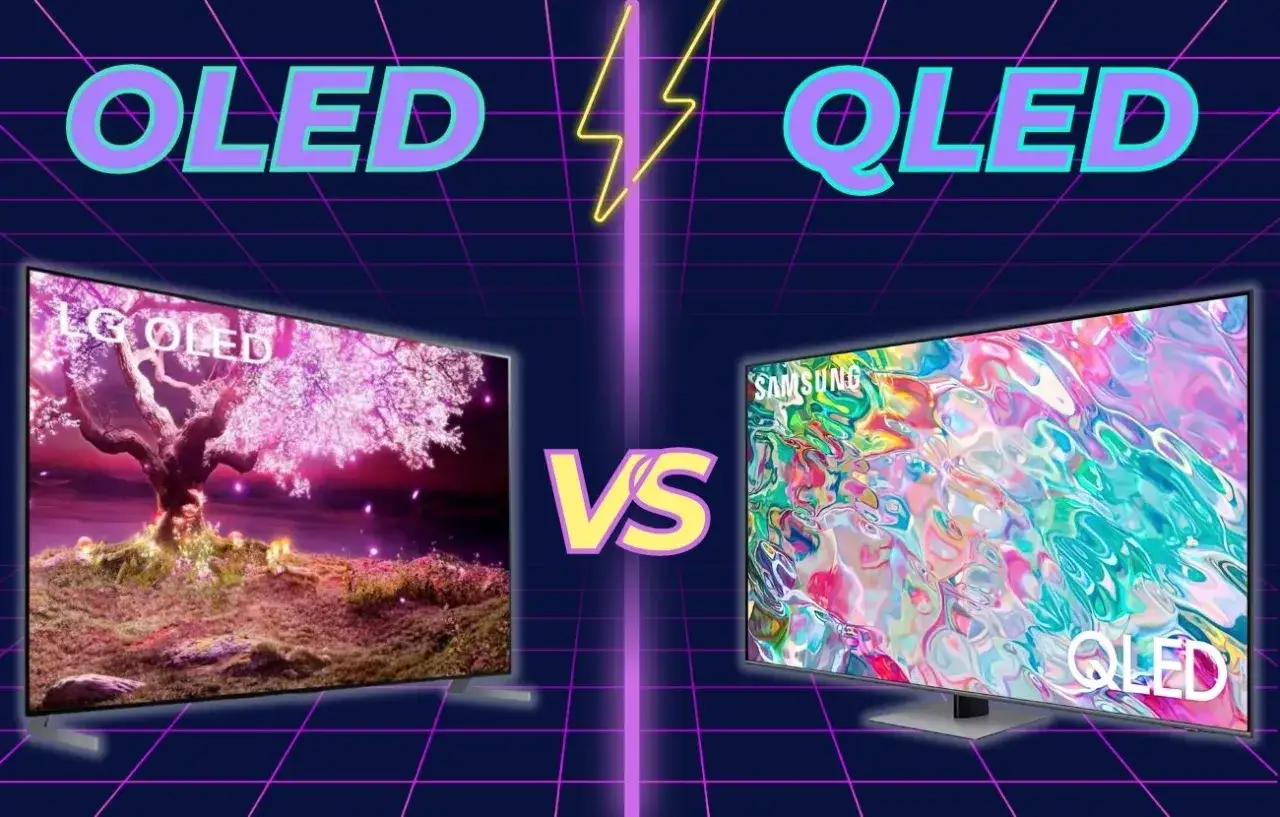 Porównanie telewizorów: po lewej LG OLED z kwitnącym drzewem, po prawej Samsung QLED z kolorowym obrazem. Który wybrać: OLED czy QLED?