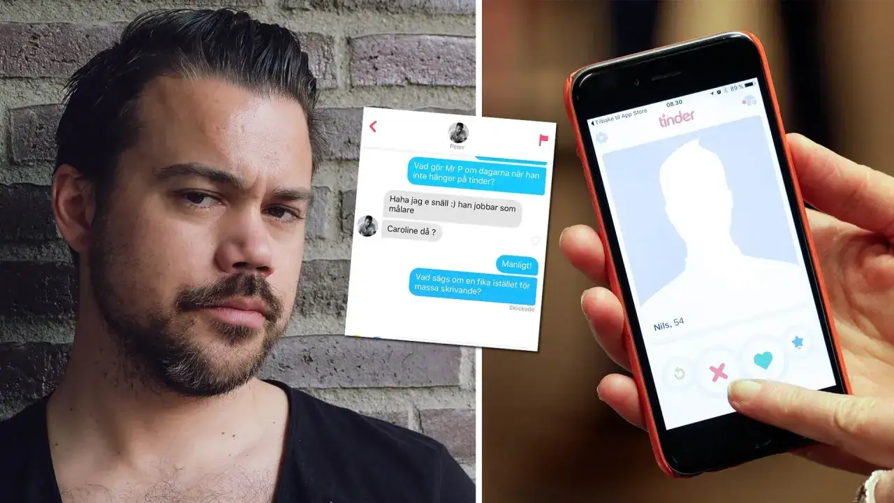 Man visar en man och en Tinder-profil. En konversation på Tinder antyder att det kan finnas tinder bilder på bedragare.