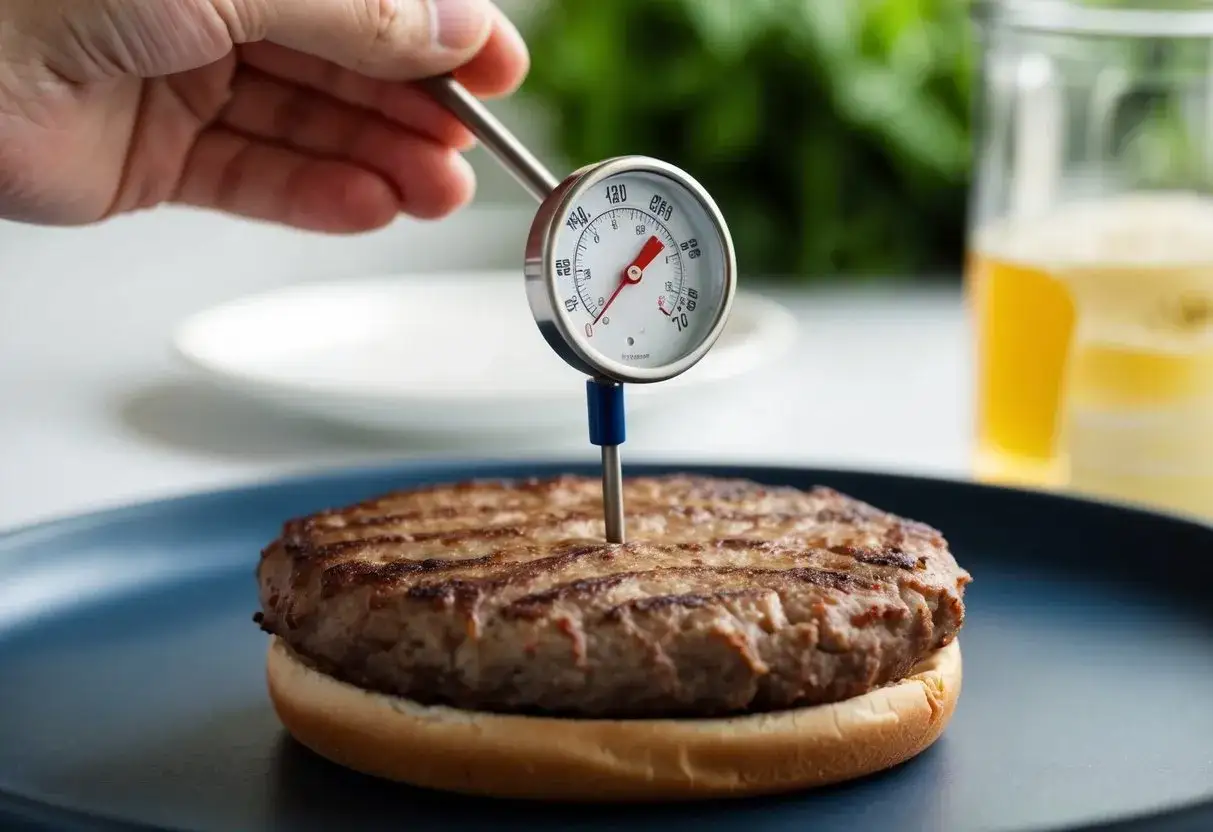 En hand m&auml;ter hamburgarens temperatur med en termometer. Perfekt tillagad, redo att serveras.