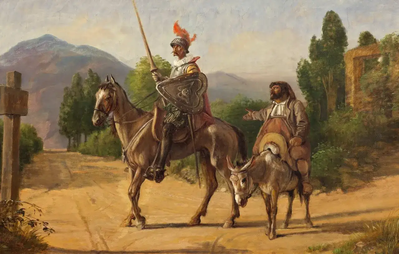 Rycerz na koniu i Sancho Pansa na ośle, w drodze na przygody. To scena z