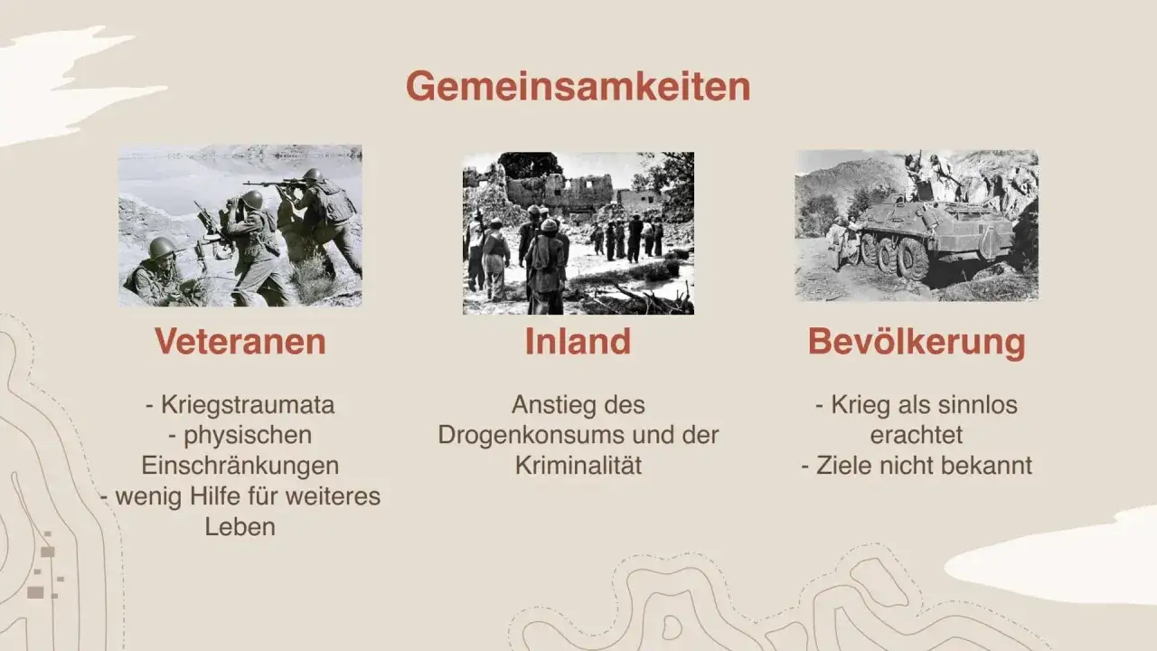 Gemeinsamkeiten im Afghanistan Krieg: Veteranen mit Traumata, Inland mit Drogenproblemen, Bevölkerung sieht Krieg als sinnlos.