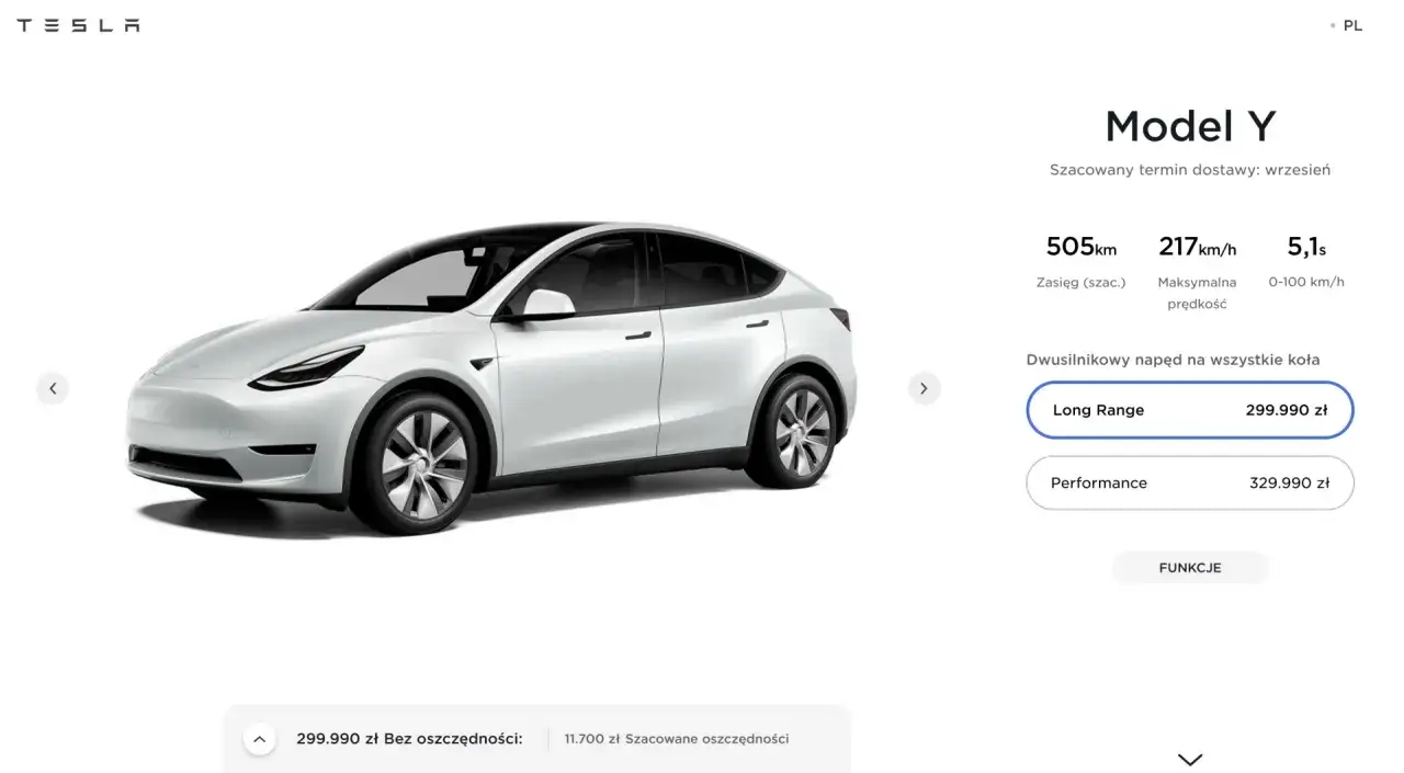 Biała Tesla Model Y Long Range kosztuje 299 990 zł. Sprawdź, ile kosztuje Tesla Model Y w wersji Performance.