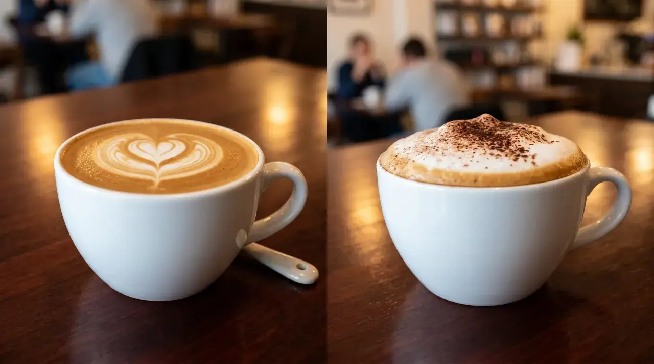 Dwa białe kubki kawy na drewnianym stole: po lewej latte z sercem z pianki, po prawej cappuccino posypane kakao.