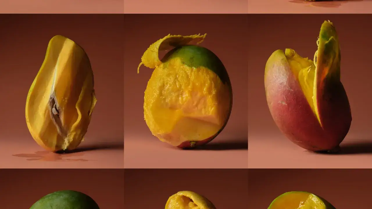 Czy mango to cytrus? Trzy soczyste mango, jedno przekrojone, jedno obierane, jedno otwarte, ukazujące złoty miąższ.