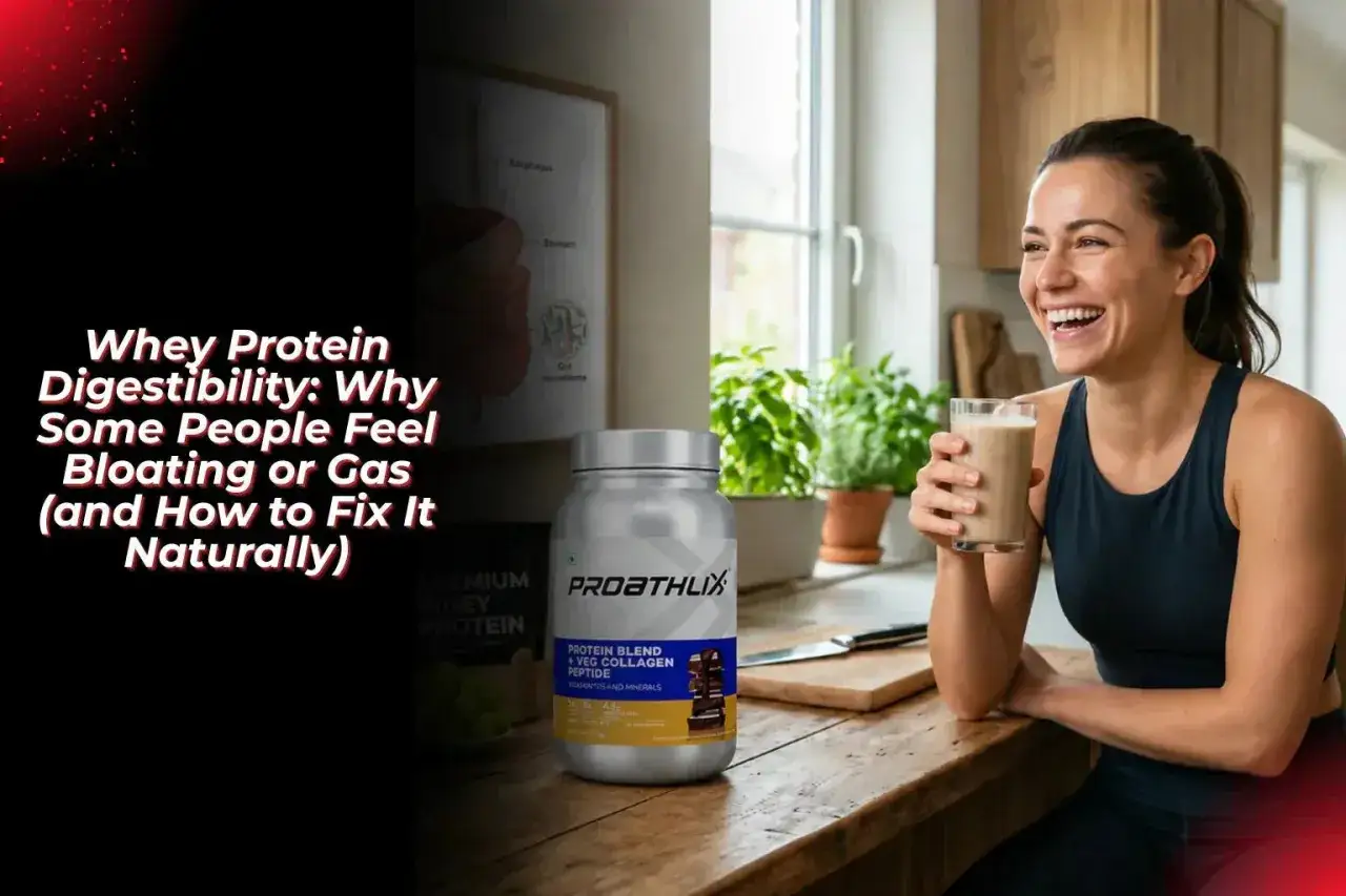 Lachende Frau mit Proteinshake. Vermeiden Sie Durchfall nach Proteinshake, indem Sie die Ursachen f&uuml;r Bl&auml;hungen und Gas verstehen.