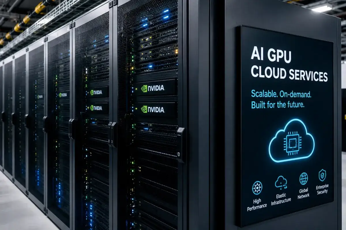 Server-Racks mit NVIDIA-Logos, die auf die Zukunft der KI-GPU-Cloud-Services hinweisen. Die nebius aktie profitiert von dieser Technologie.