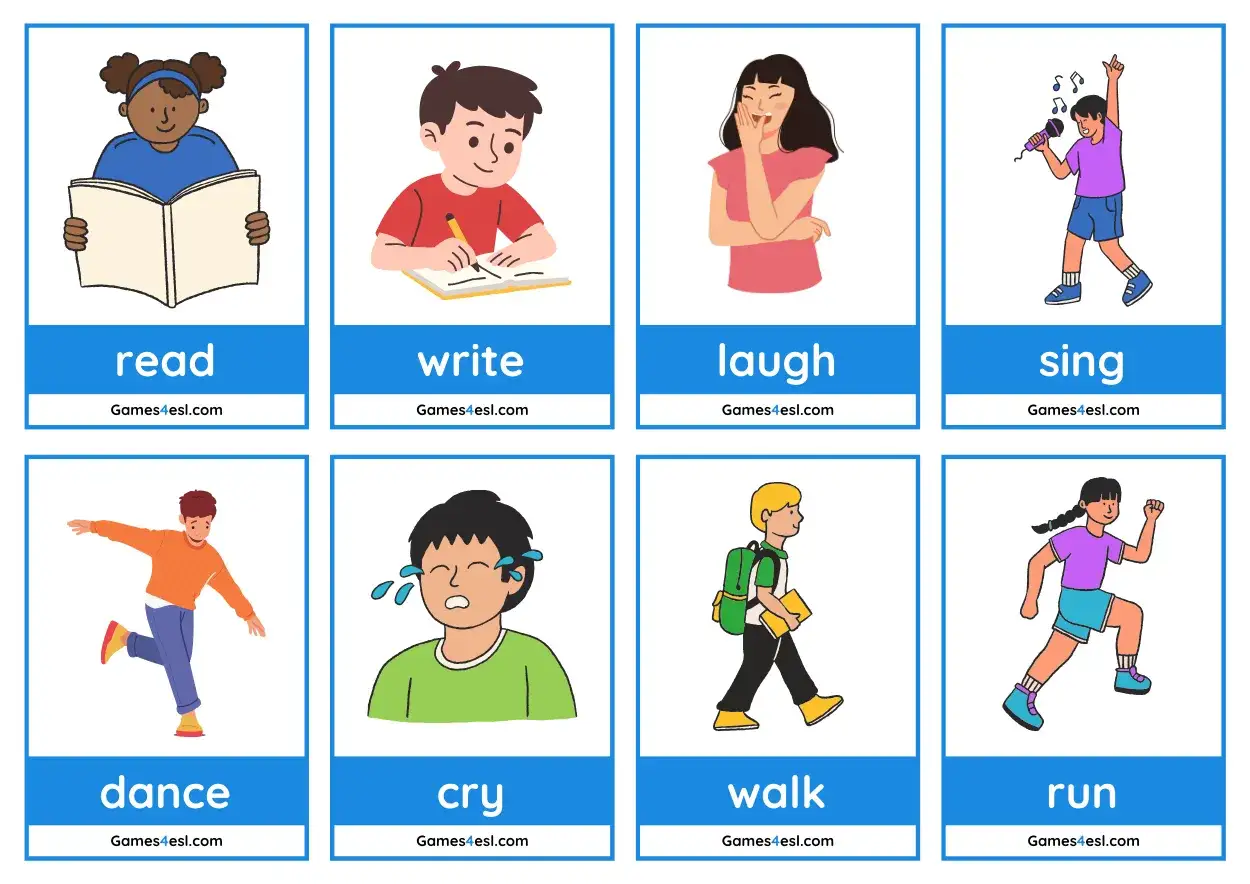 Uczymy się podstawowe czasowniki po angielsku: read, write, laugh, sing, dance, cry, walk, run.
