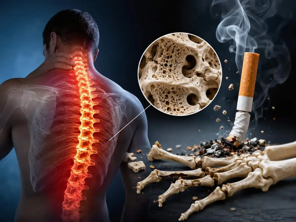 Rauchen sch&auml;digt Knochen und kann zu Osteoporose f&uuml;hren. Ein Raucher-Skelett mit Zigarette und vergr&ouml;&szlig;erter Knochenstruktur.