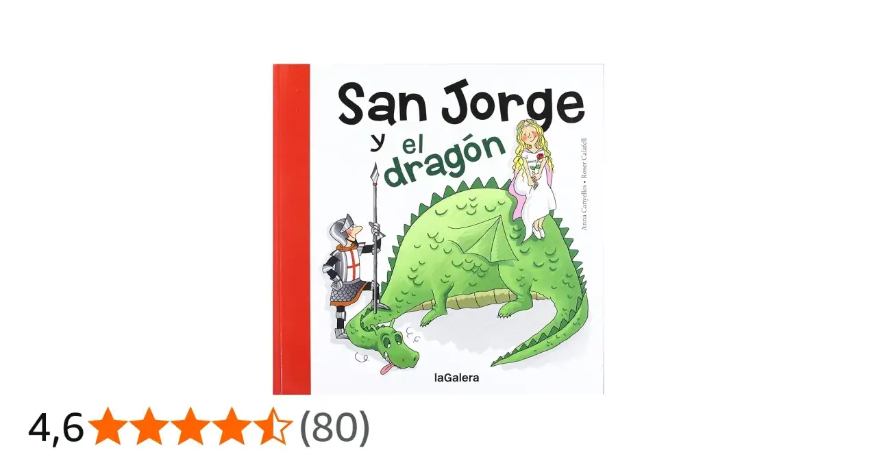 Ilustración de la historia de San Jorge y el dragón, con el caballero, la princesa y el dragón verde.