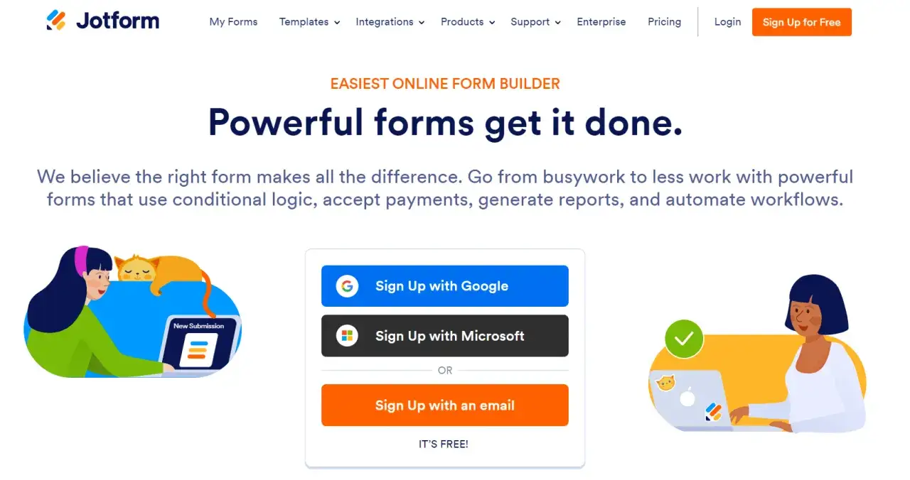 Jotform, une alternative à Google Forms, propose des formulaires puissants pour simplifier votre travail. Inscrivez-vous avec Google, Microsoft ou par email.
